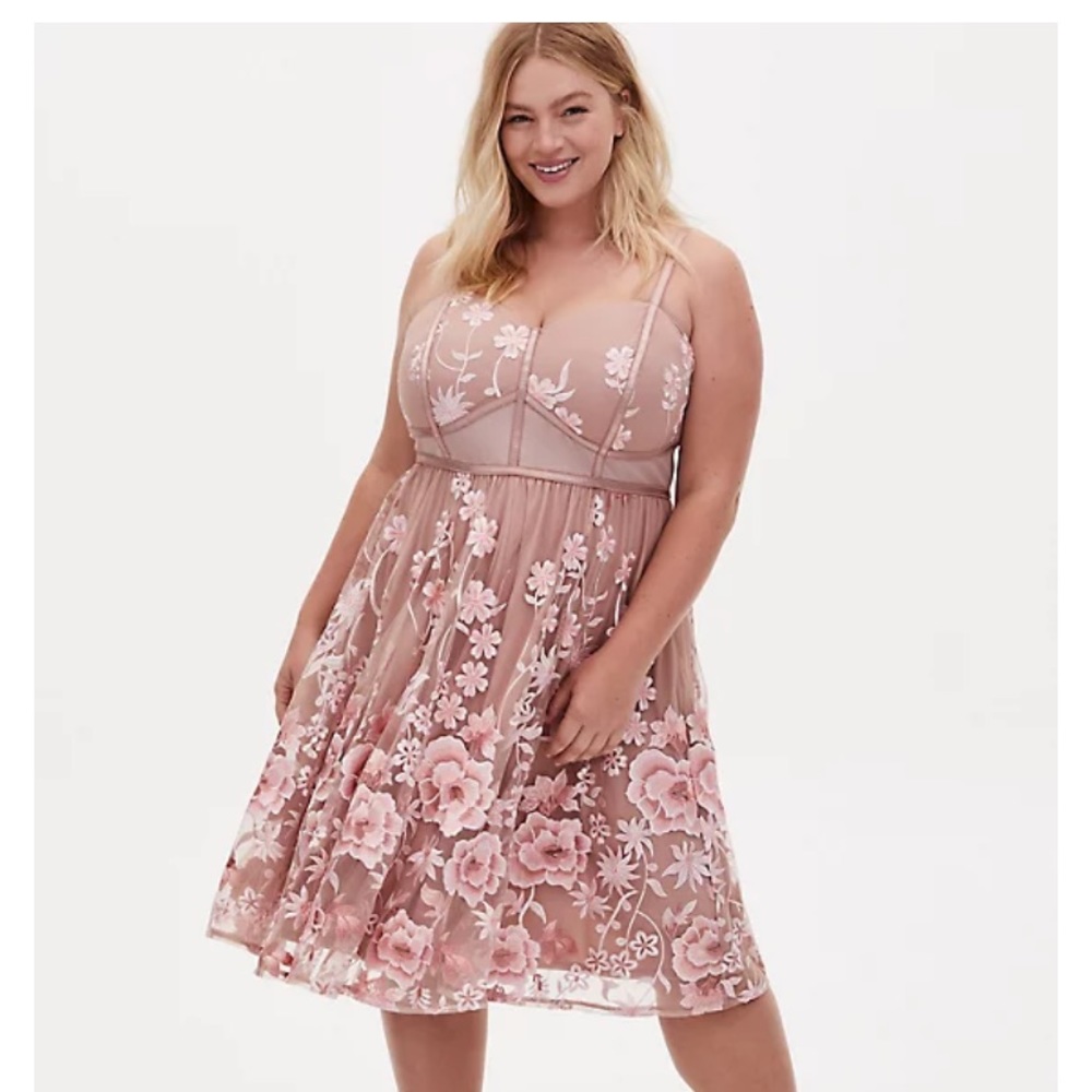 TORRID TAUPE & PINK FLORAL EMBROIDERED MESH DRESS